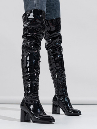 レディース サイハイブーツ ラウンドトゥ チャンキーヒール オーバーニーブーツ