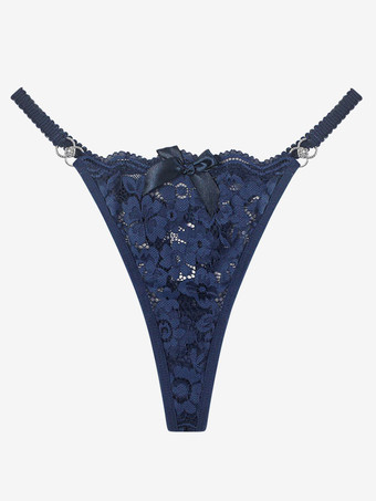ダークネイビーGストリングランジェリーパンティー ホワイトレースリボン 室内セクシーブリーフ 見えないTバック