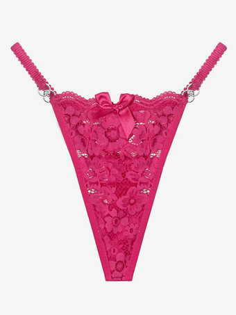 ローズレッドGストリングランジェリーパンティー ホワイトレースリボン 室内セクシーブリーフ 見えないTバック