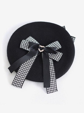 ゴスロリ 帽子 リボン アクセサリー チェック柄 ポリエステル ブラック ロリータ アクセサリー