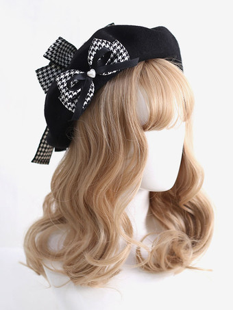 ゴスロリ 帽子 リボン アクセサリー チェック柄 ポリエステル ブラック ロリータ アクセサリー