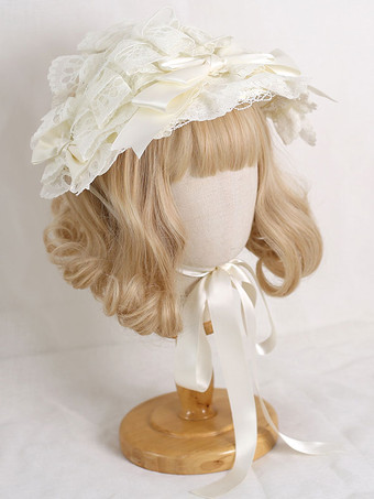 アイボリー ロココスタイルロリータ帽子パープルレースフリルリボンアクセサリーポリエステルロリータアクセサリー