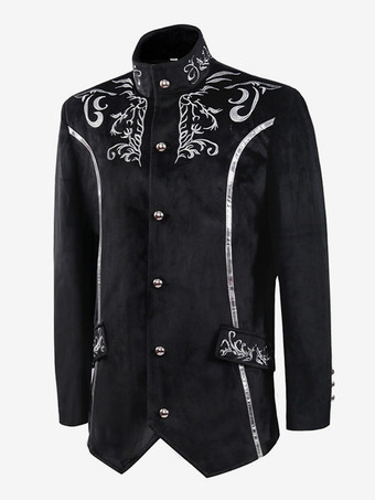 黒ヴィンテージトップルネサンス花柄長袖ポリエステルポリエステル繊維オーバーコートレトロな衣装男性のための