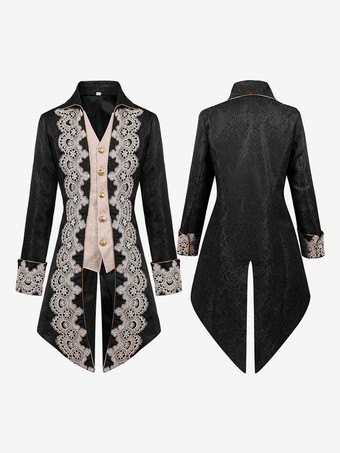 ブラック レッドヴィンテージトップルネサンス花柄長袖ポリエステルポリエステル繊維オーバーコートレトロ衣装男性のための バーガンディ