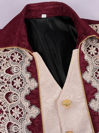 レッドヴィンテージトップルネサンス花柄長袖ポリエステルポリエステル繊維オーバーコートレトロ衣装男性のための バーガンディ