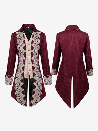 レッド レッドヴィンテージトップルネサンス花柄長袖ポリエステルポリエステル繊維オーバーコートレトロ衣装男性のための バーガンディ