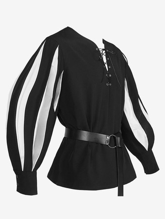 ブラックホワイトヴィンテージトップレトロストライプ長袖ポリエステルポリエステル繊維サッシレトロ衣装男性のための バーガンディ