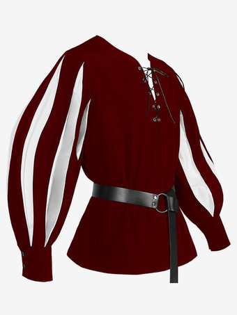 ホワイト ブラックホワイトヴィンテージトップレトロストライプ長袖ポリエステルポリエステル繊維サッシレトロ衣装男性のための バーガンディ