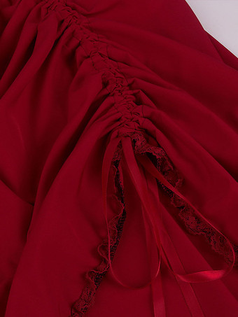 赤いレトロな衣装フリルマリー・アントワネット衣装ポリエステルドレス女性のルネサンスチュニックヴィンテージ服