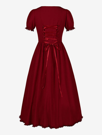 赤いレトロな衣装フリルマリー・アントワネット衣装ポリエステルドレス女性のルネサンスチュニックヴィンテージ服