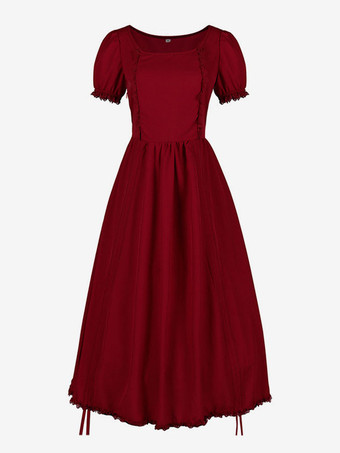 レッド 赤いレトロな衣装フリルマリー・アントワネット衣装ポリエステルドレス女性のルネサンスチュニックヴィンテージ服