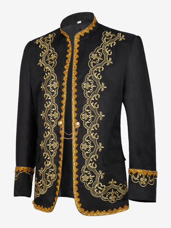 ブラックヴィンテージトップレトロ刺繍長袖ポリエステルポリエステル繊維オーバーコートレトロな衣装男性のための