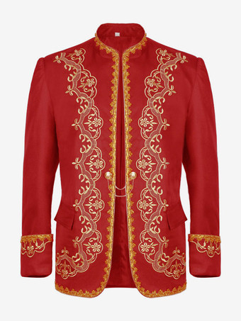 レッド ブラックヴィンテージトップレトロ刺繍長袖ポリエステルポリエステル繊維オーバーコートレトロな衣装男性のための