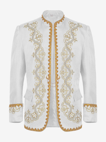 ホワイト ブラックヴィンテージトップレトロ刺繍長袖ポリエステルポリエステル繊維オーバーコートレトロな衣装男性のための