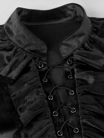 レッドヴィンテージトップレトロフリルグロメット長袖ポリエステルポリエステル繊維シャツレトロ衣装男性のための バーガンディ