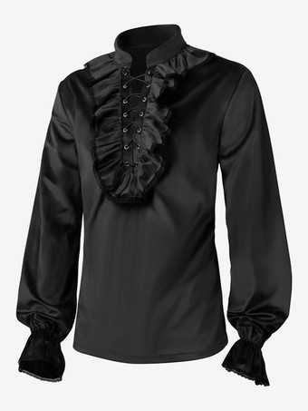 レッドヴィンテージトップレトロフリルグロメット長袖ポリエステルポリエステル繊維シャツレトロ衣装男性のための バーガンディ