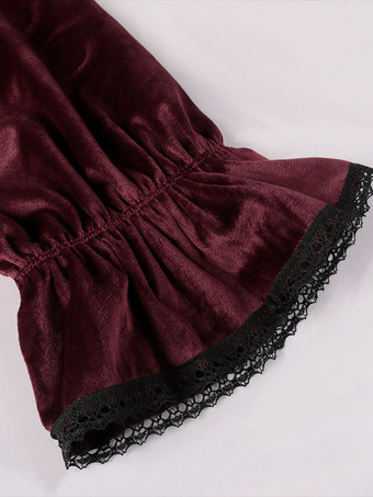 レッドヴィンテージトップレトロフリルグロメット長袖ポリエステルポリエステル繊維シャツレトロ衣装男性のための バーガンディ