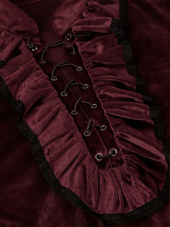 レッドヴィンテージトップレトロフリルグロメット長袖ポリエステルポリエステル繊維シャツレトロ衣装男性のための バーガンディ