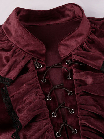 レッドヴィンテージトップレトロフリルグロメット長袖ポリエステルポリエステル繊維シャツレトロ衣装男性のための バーガンディ