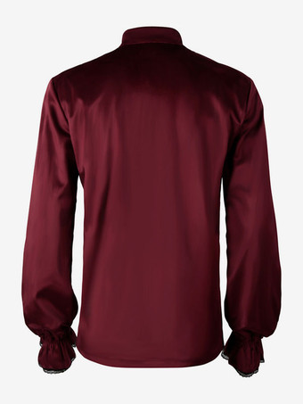 レッドヴィンテージトップレトロフリルグロメット長袖ポリエステルポリエステル繊維シャツレトロ衣装男性のための バーガンディ