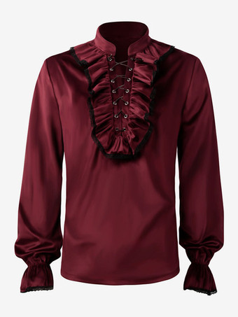 レッド レッドヴィンテージトップレトロフリルグロメット長袖ポリエステルポリエステル繊維シャツレトロ衣装男性のための バーガンディ