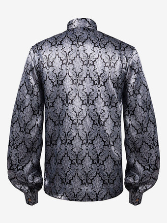 グレーヴィンテージトップルネッサンスプリーツ花柄長袖ポリエステルポリエステル繊維シャツレトロ衣装男性のための