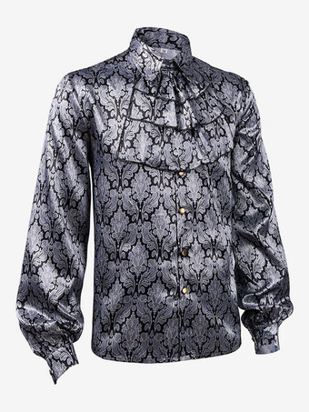 グレーヴィンテージトップルネッサンスプリーツ花柄長袖ポリエステルポリエステル繊維シャツレトロ衣装男性のための