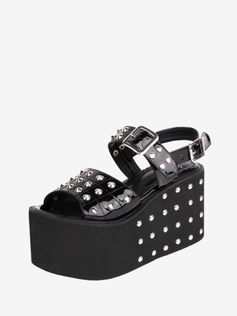 ゴシックロリータサンダルリベットラウンドトゥパテントPUアッパーブラックロリータサマーシューズ