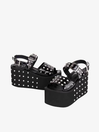 ゴシックロリータサンダルリベットラウンドトゥパテントPUアッパーブラックロリータサマーシューズ