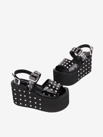 ゴシックロリータサンダルリベットラウンドトゥパテントPUアッパーブラックロリータサマーシューズ