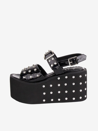 ブラック ゴシックロリータサンダルリベットラウンドトゥパテントPUアッパーブラックロリータサマーシューズ