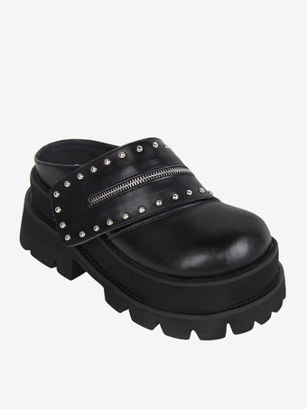 ゴシックロリータサンダルリベットラウンドトゥPUレザーブラックロリータサマーシューズ