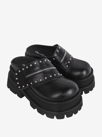 ゴシックロリータサンダルリベットラウンドトゥPUレザーブラックロリータサマーシューズ