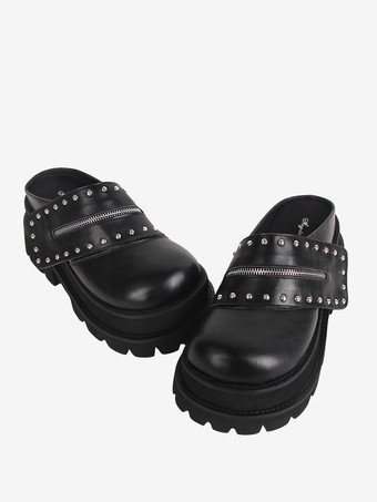 ゴシックロリータサンダルリベットラウンドトゥPUレザーブラックロリータサマーシューズ