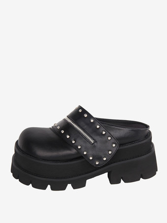 ブラック ゴシックロリータサンダルリベットラウンドトゥPUレザーブラックロリータサマーシューズ