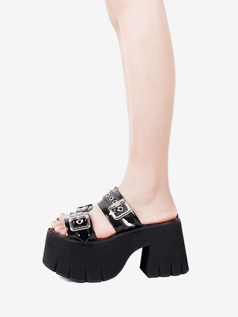 ゴシックロリータサンダルブラックパテントPUアッパーラウンドトゥロリータサマーシューズ