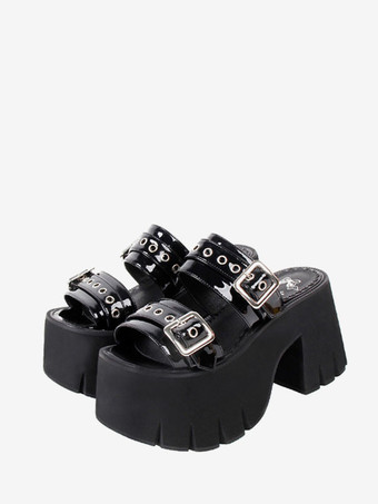 ブラック ゴシックロリータサンダルブラックパテントPUアッパーラウンドトゥロリータサマーシューズ