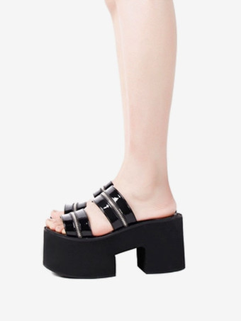 ゴシックロリータサンダルラウンドトゥパテントPUアッパーブラックロリータサマーシューズ