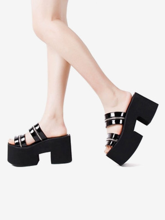 ゴシックロリータサンダルラウンドトゥパテントPUアッパーブラックロリータサマーシューズ