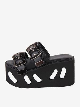 ゴスロリ サンダル ラウンドトゥ PU レザー ブラック ロリータ 夏靴