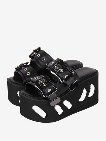 ゴスロリ サンダル ラウンドトゥ PU レザー ブラック ロリータ 夏靴