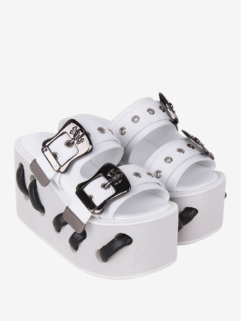 ゴスロリ サンダル ラウンドトゥ PU レザー ブラック ロリータ 夏靴