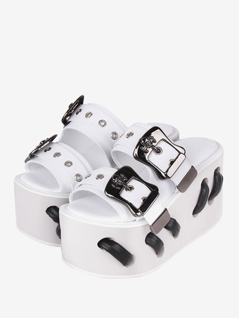 ホワイト ゴスロリ サンダル ラウンドトゥ PU レザー ブラック ロリータ 夏靴