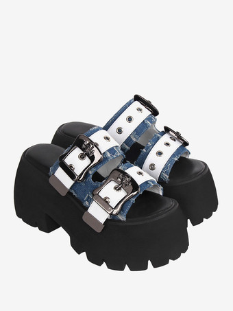 スイートロリータサンダルライトスカイブルーPUレザーラウンドトゥロリータサマーシューズ