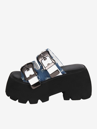 スイートロリータサンダルライトスカイブルーPUレザーラウンドトゥロリータサマーシューズ