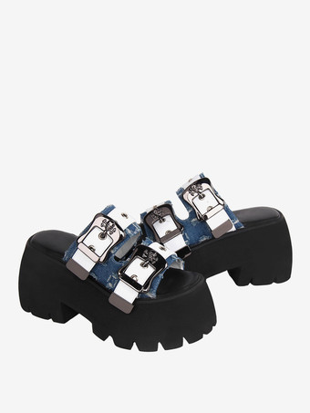 スイートロリータサンダルライトスカイブルーPUレザーラウンドトゥロリータサマーシューズ