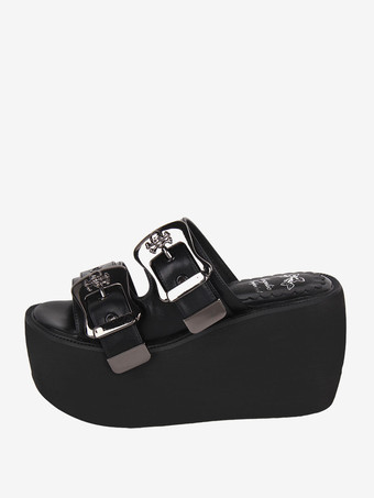 ゴスロリ サンダル ラウンドトゥ PU レザー ブラック ロリータ 夏靴