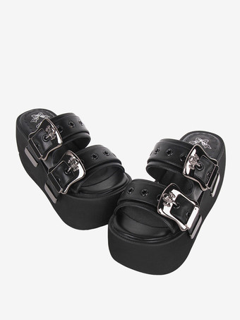 ゴスロリ サンダル ラウンドトゥ PU レザー ブラック ロリータ 夏靴