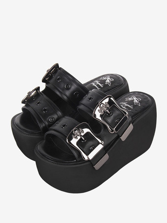 ブラック ゴスロリ サンダル ラウンドトゥ PU レザー ブラック ロリータ 夏靴