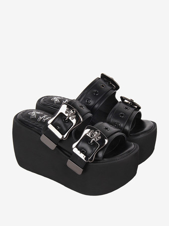 ゴスロリ サンダル ラウンドトゥ PU レザー ブラック ロリータ 夏靴